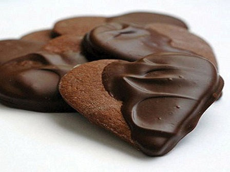heart shaped gingerbread cookies, half dipped in chocolate