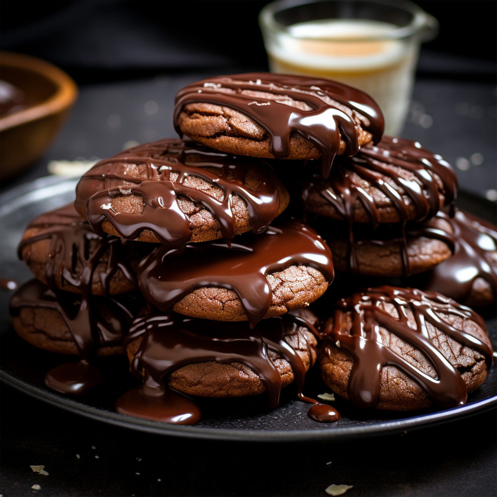 a pile of round chocolate cookies drizzled with chocolate glaze on a plate