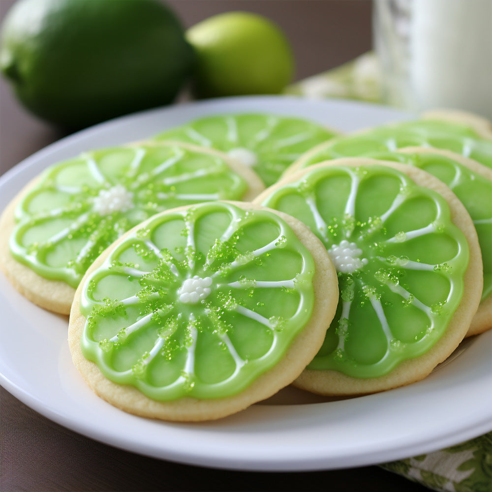 round cookies decorated to look like limes on a plate