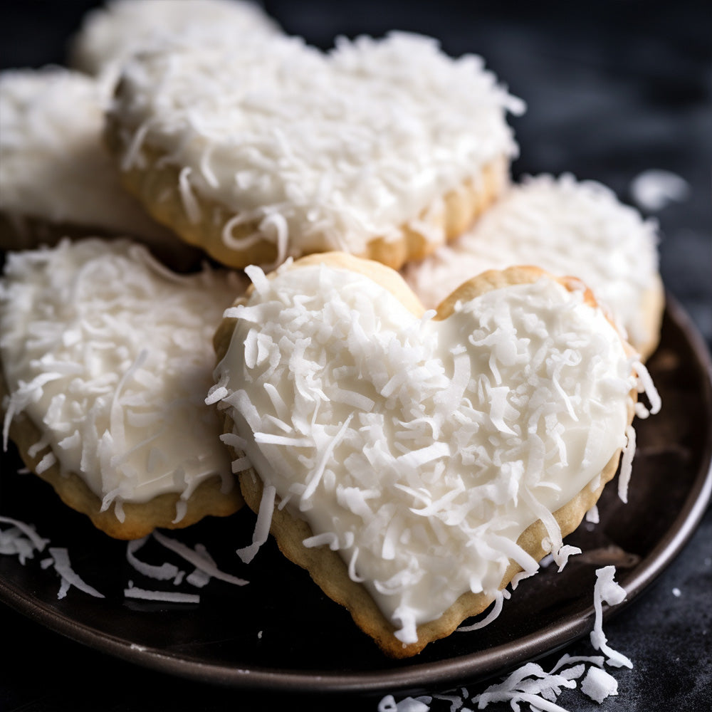 Heart shaped cookies coated in a thick coconut icing.
