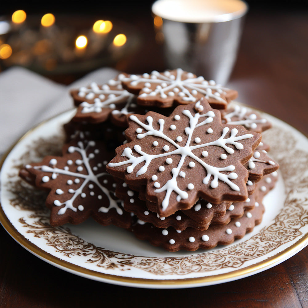 snowflake shaped mocha cookies on a white plate with gold details