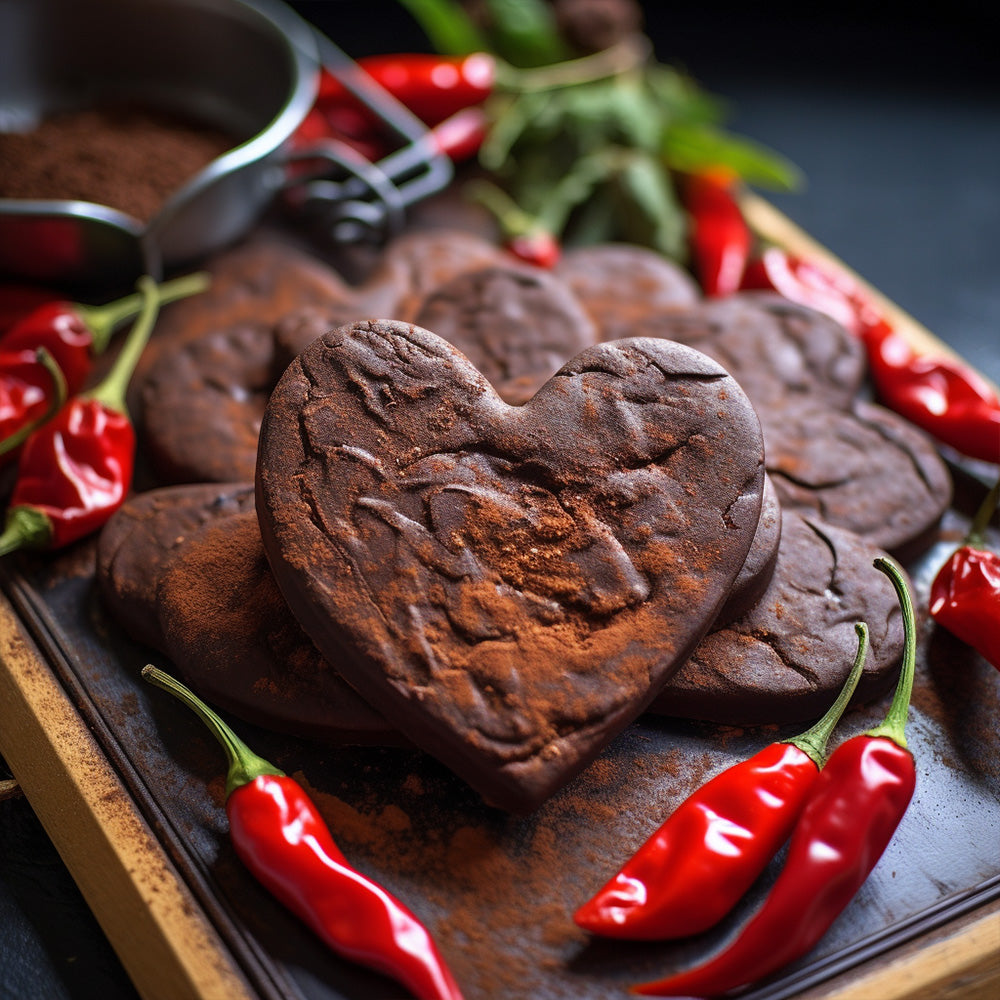 valentine's cayenne pepper chocolate cookie with chocolate dusting and surrounded by hot peppers