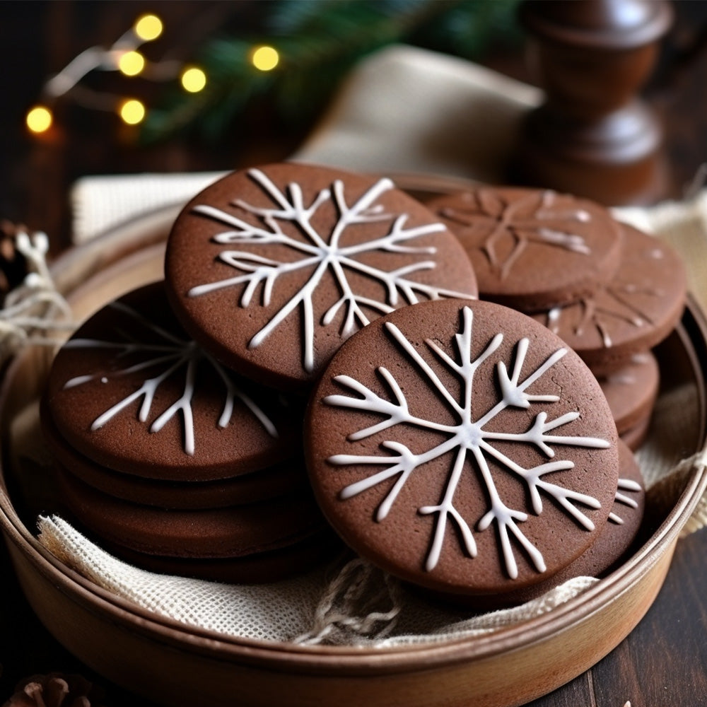 round chocolate cookies decorated with snowflake pattern in a rustic dish