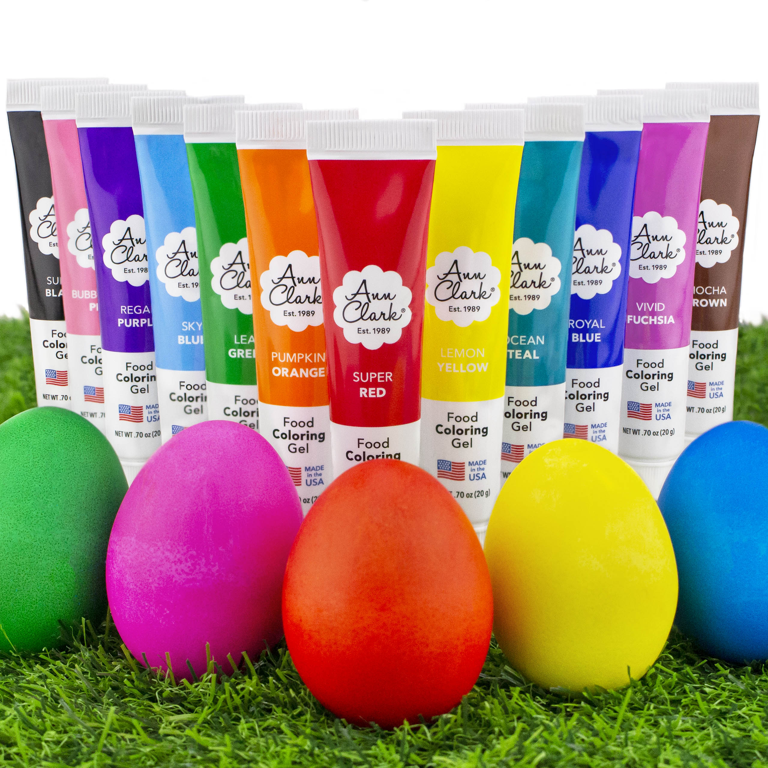 Ann Clark gel food coloring behind colorful dyed eggs