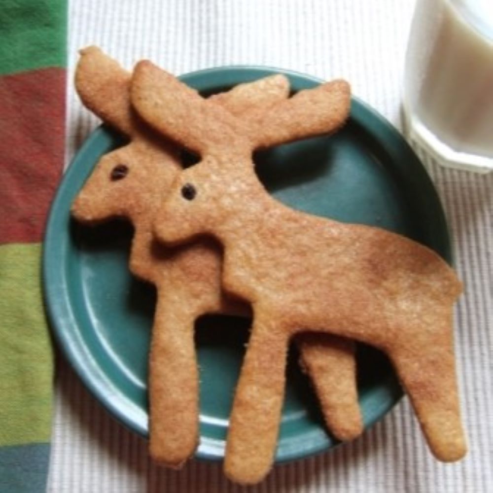 two moose shaped whole wheat cookies on a dark teal plate