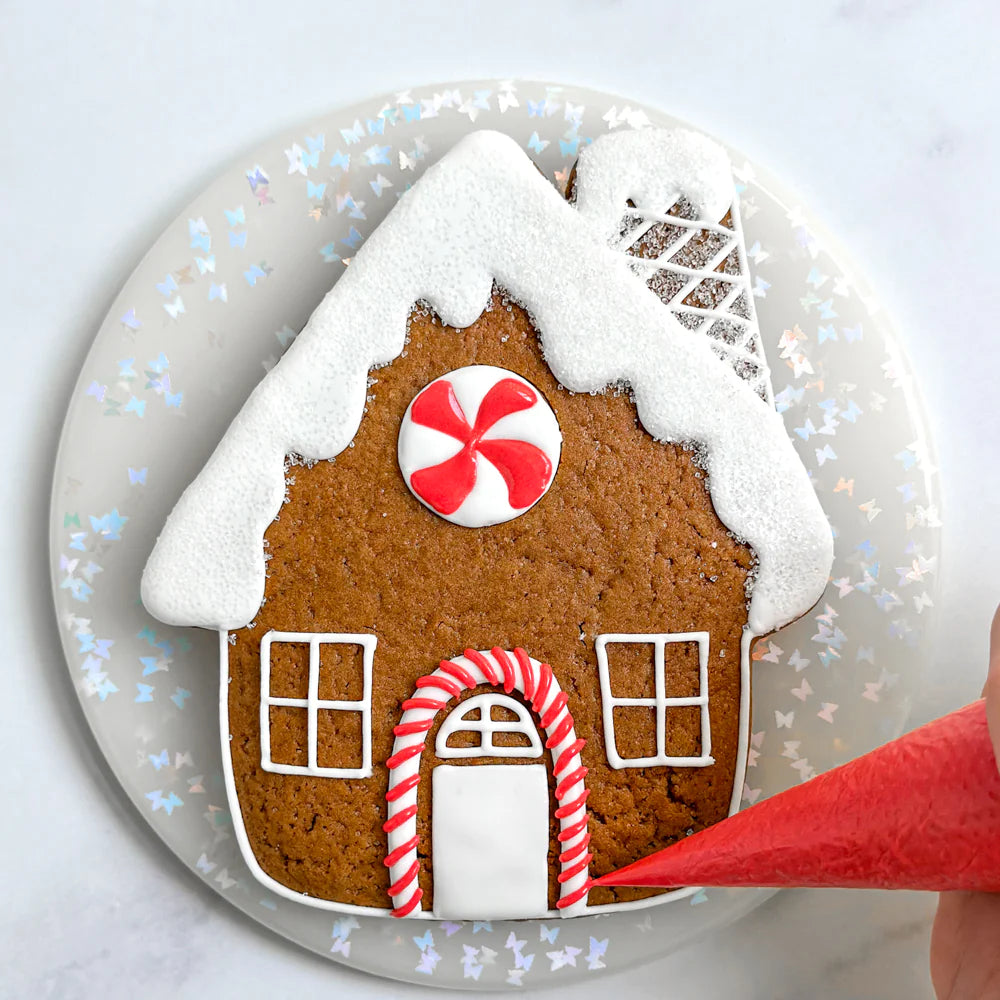 gingerbread house decorated with royal icing on a plate