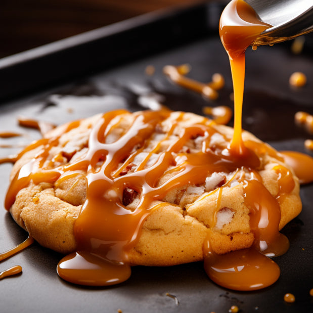 round cookie being drizzled with a rum glaze on a baking sheet