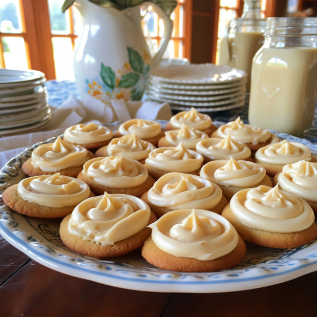round cookies with thick honey frosting on a plate in a country kitchen
