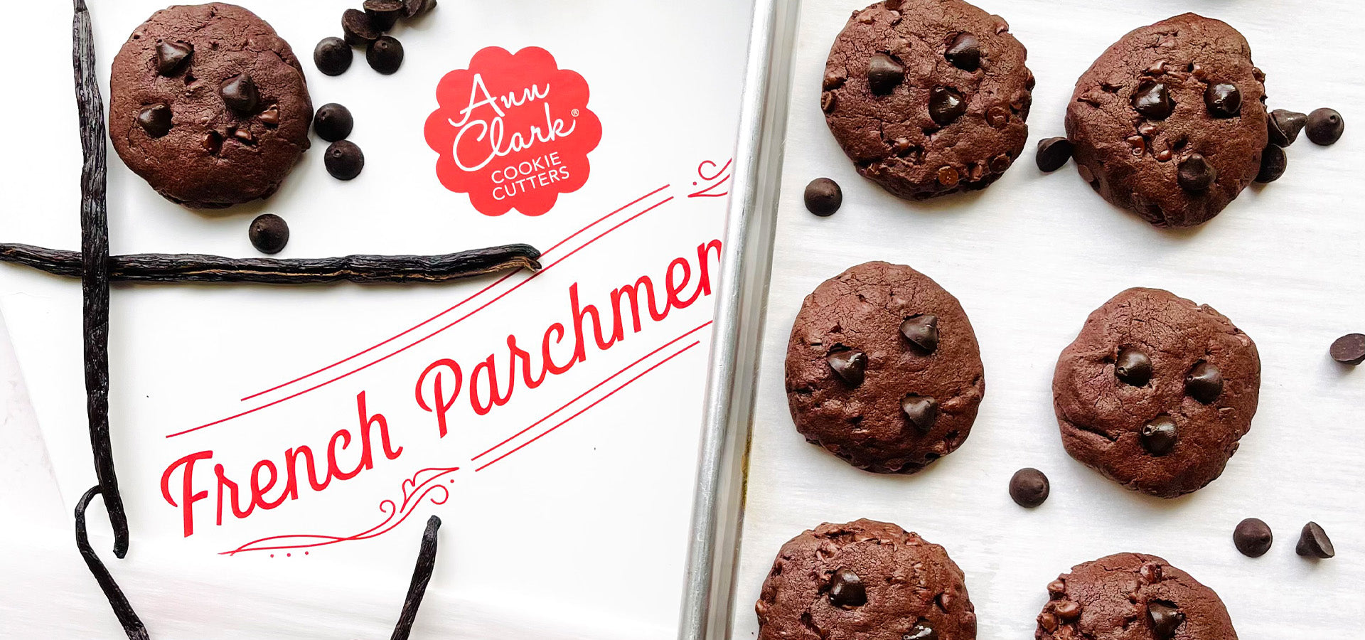 Ann Clark parchment paper and chocolate cookies with chocolate chips and vanilla beans