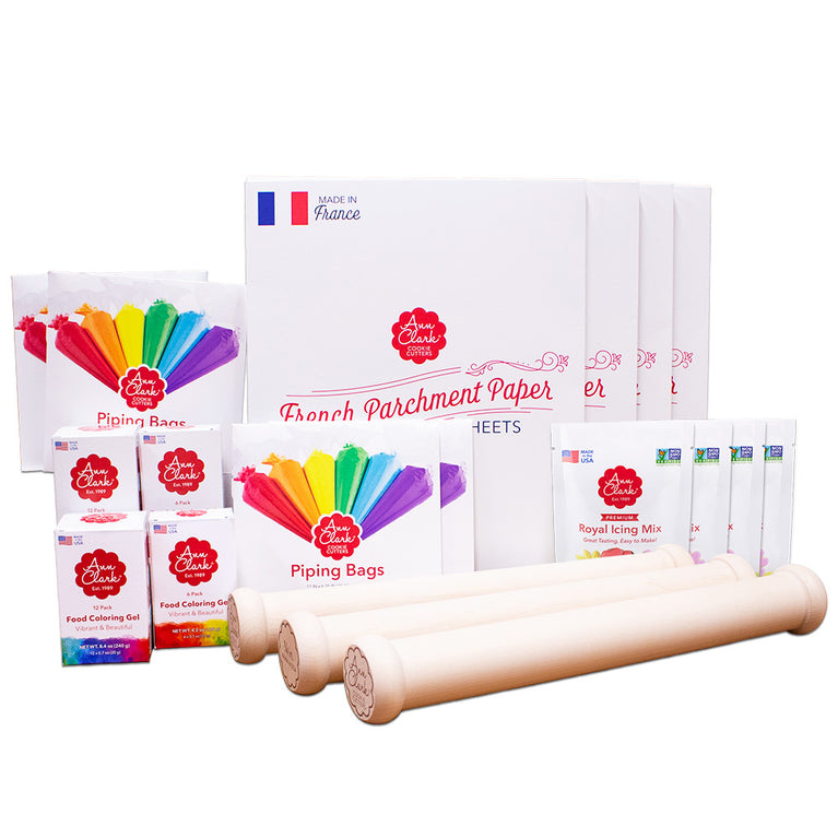Ann Clark rolling pins, food coloring, piping bags, royal icing, and parchment paper