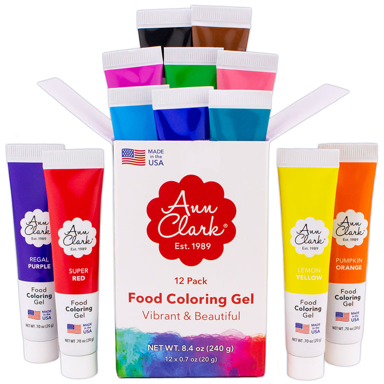 Open package of Ann Clark Food Coloring Gel with tubes of gel placed next to box