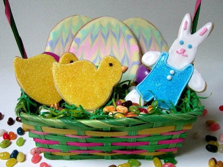 chick, rabbit, and easter egg cookies in an easter basket