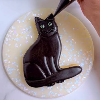 Black cat sugar cookie decorated with black royal icing