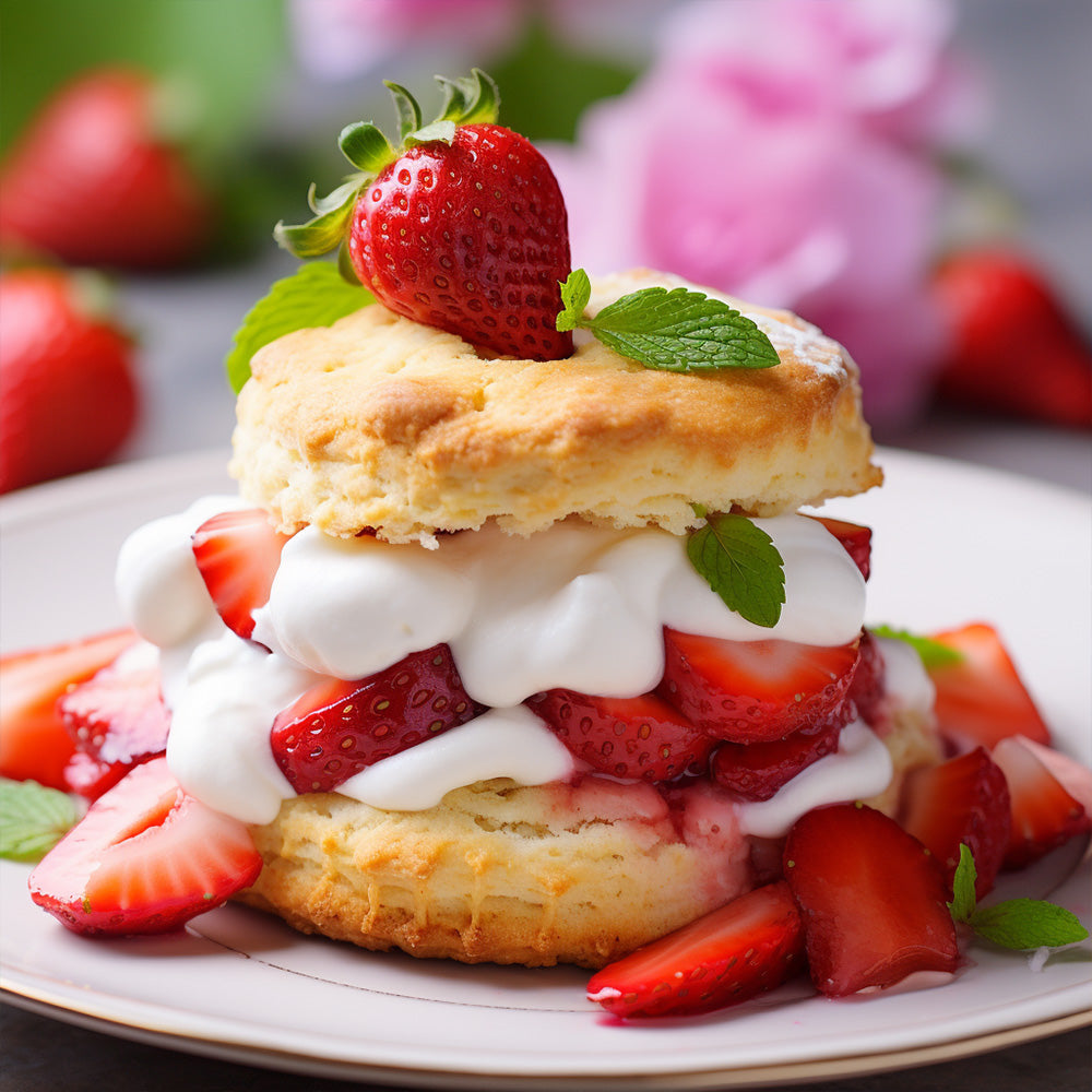 delicious shortcake biscuit on a plate filled with fruit and whipped cream
