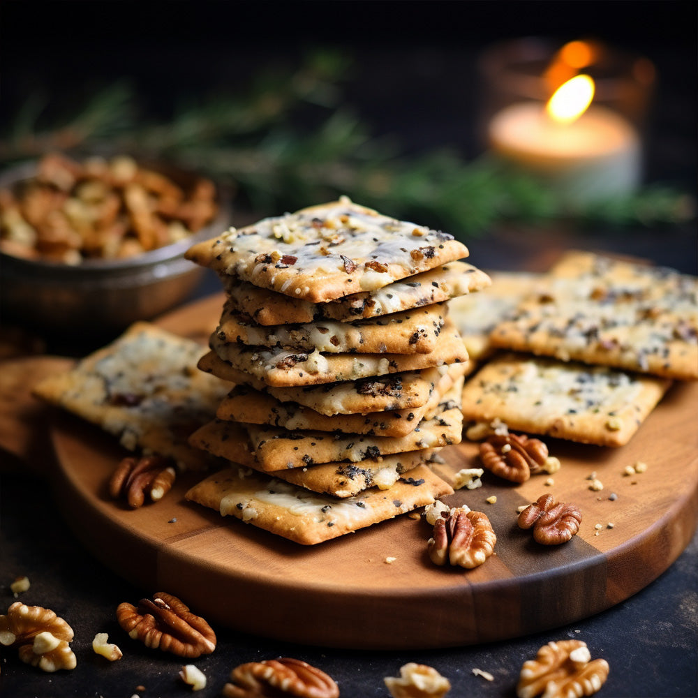 Rustic walnut crackers on a wooden cheeseboard surrounded by walnuts