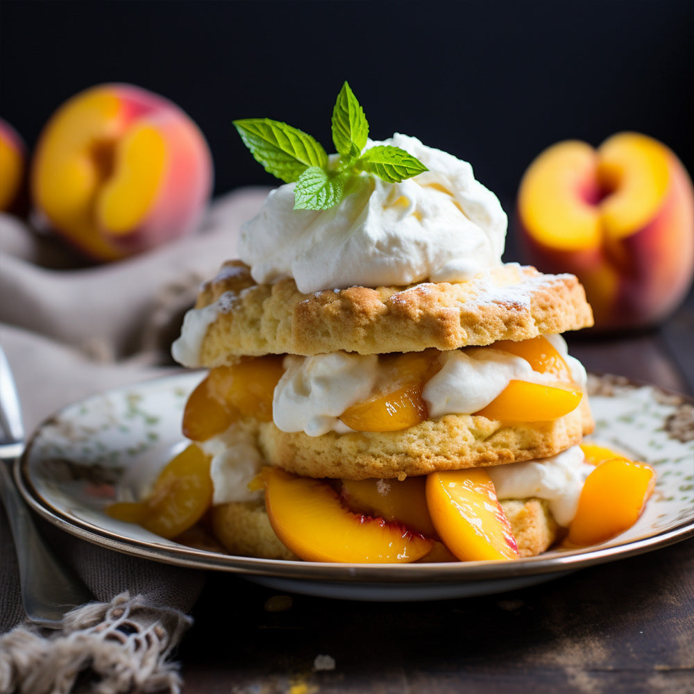 Shortcakes sandwiching whipped cream and peaches