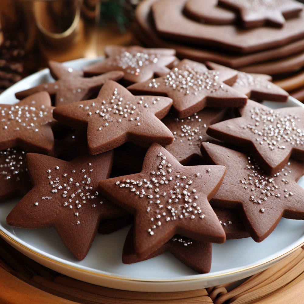 European chocolate butter cookies in the shape of a star with white sprinkles