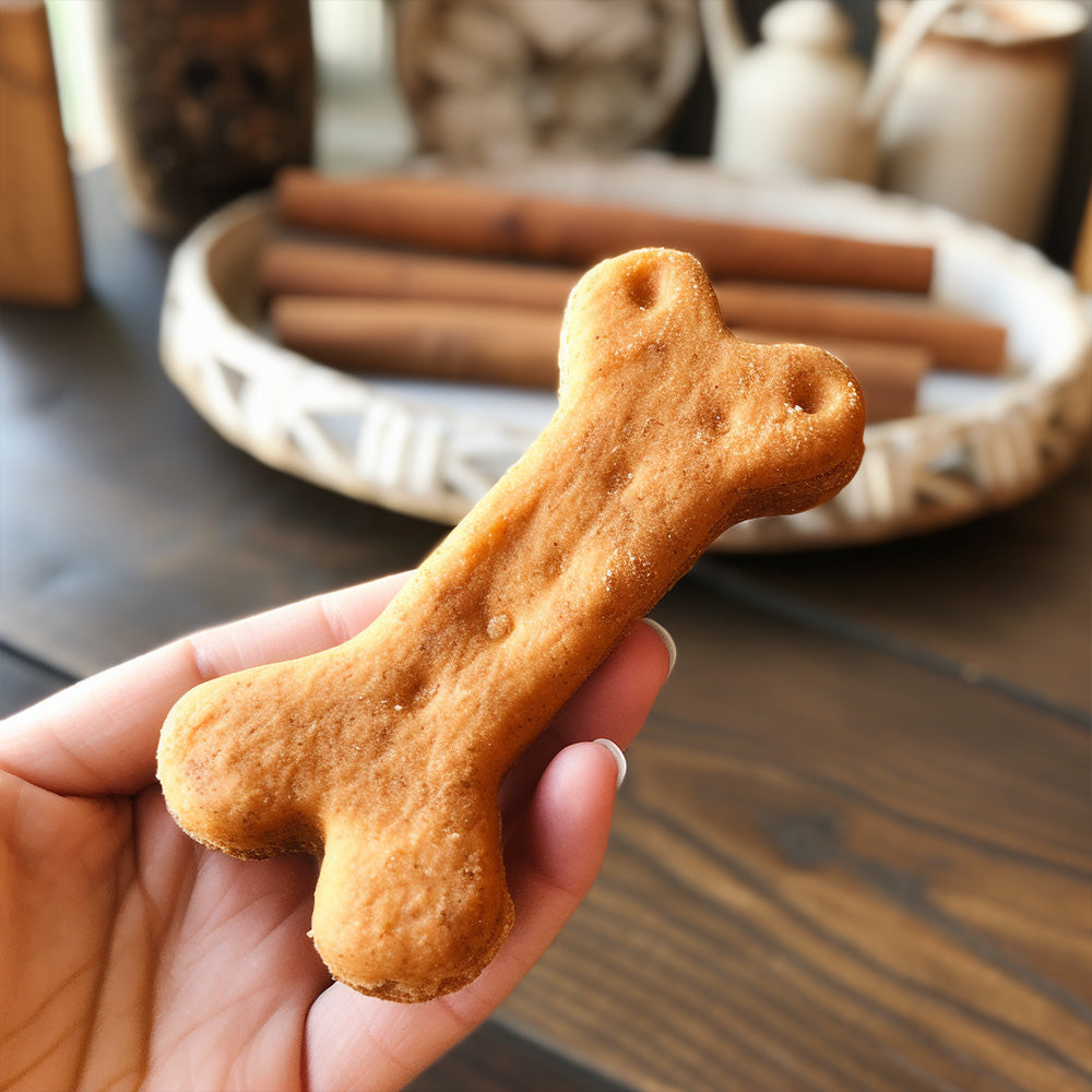 hand holding a sweet potato dog treat shaped like a dog bone