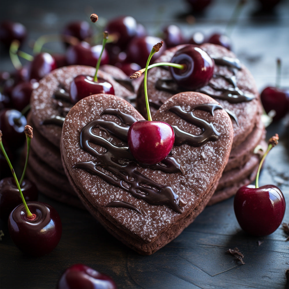 heart shaped chocolate cookies with cherries