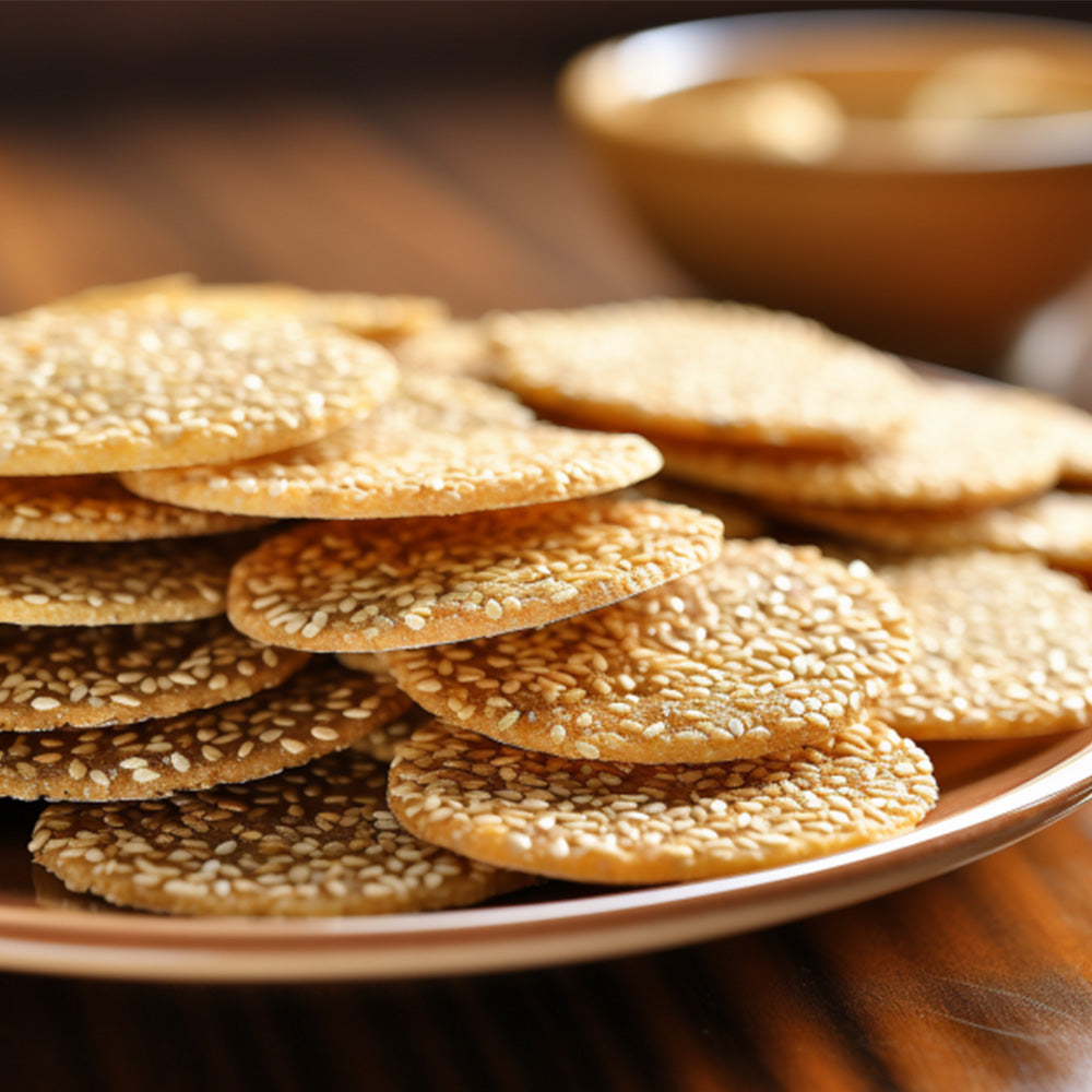 a pile of benne wafers on a plate on a wooden table