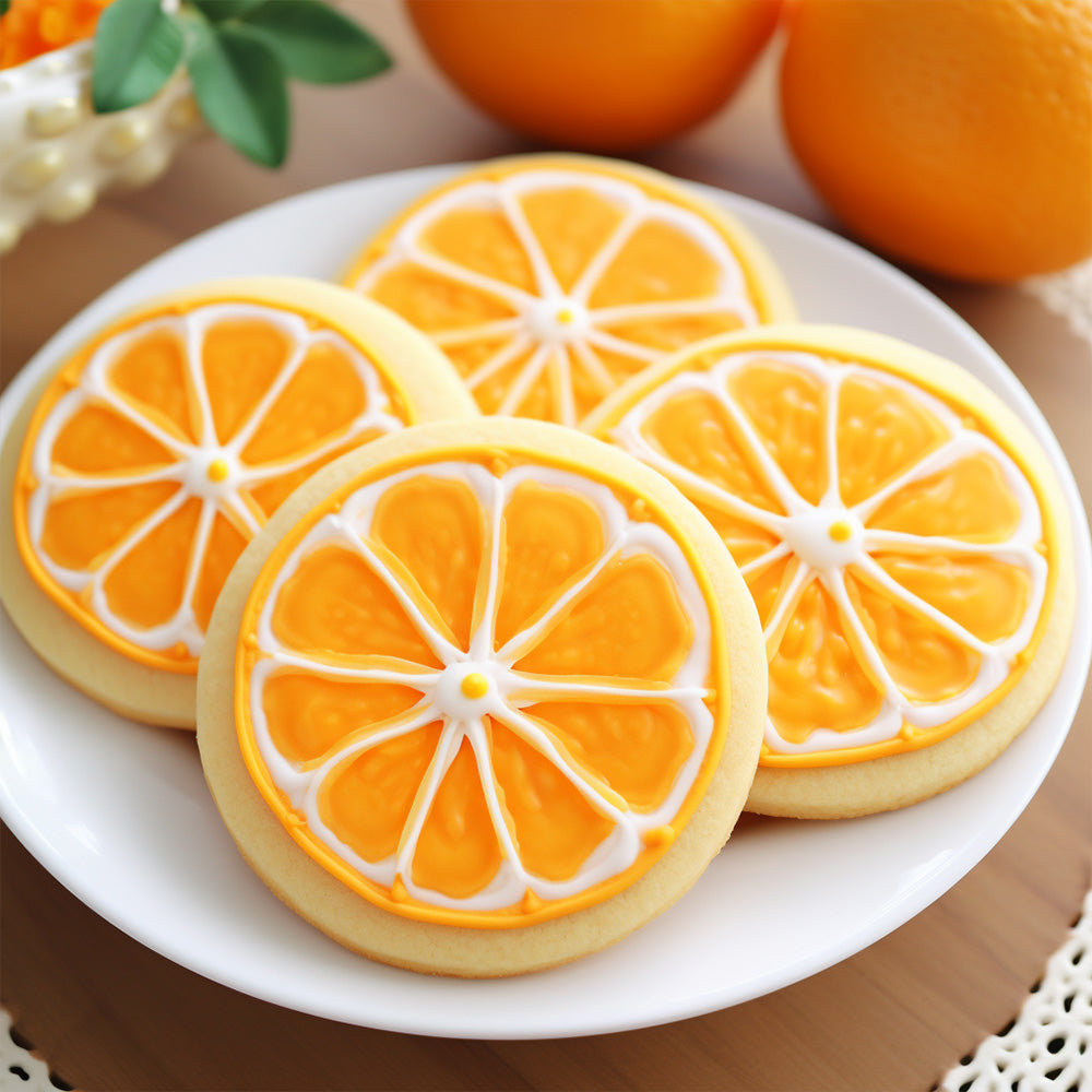 Cookies decorated like oranges on a white plate