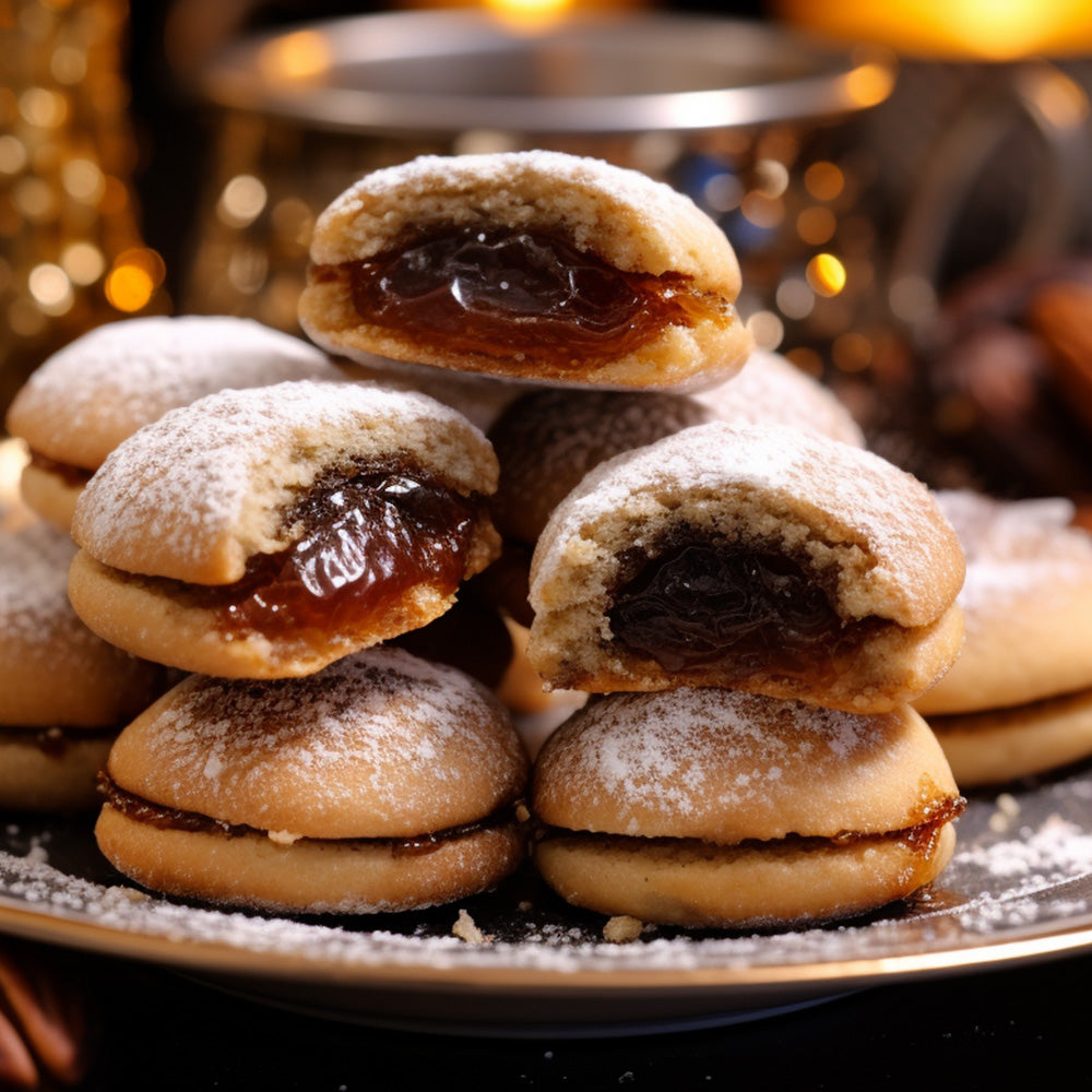 Date filled sandwich cookies with twinkling lights in the background