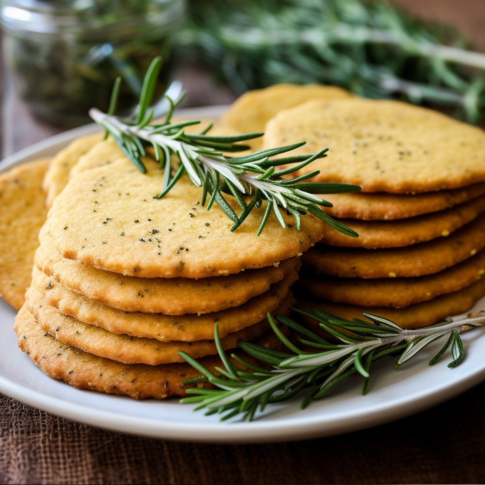 set of rosemary cornmeal cookies with sprig of rosemary