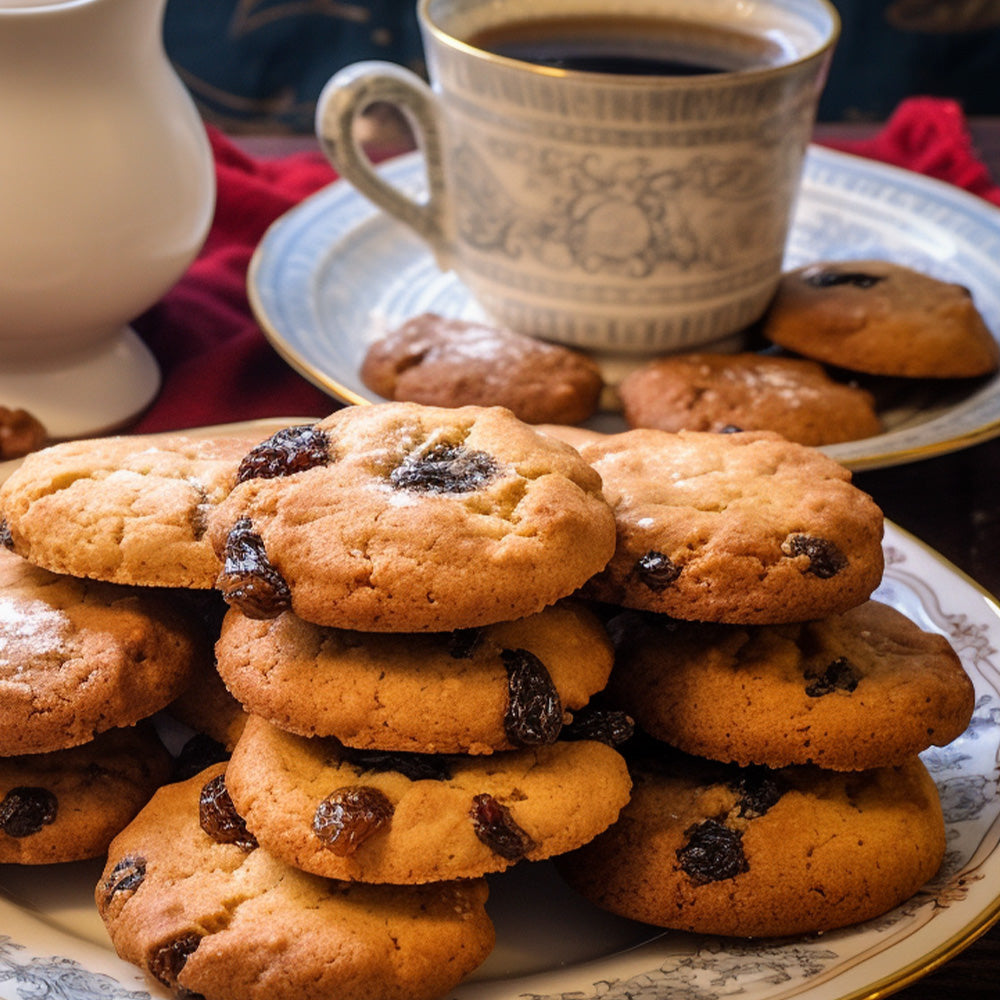 mincemeat cookies on a plate with a cup of coffee in the background