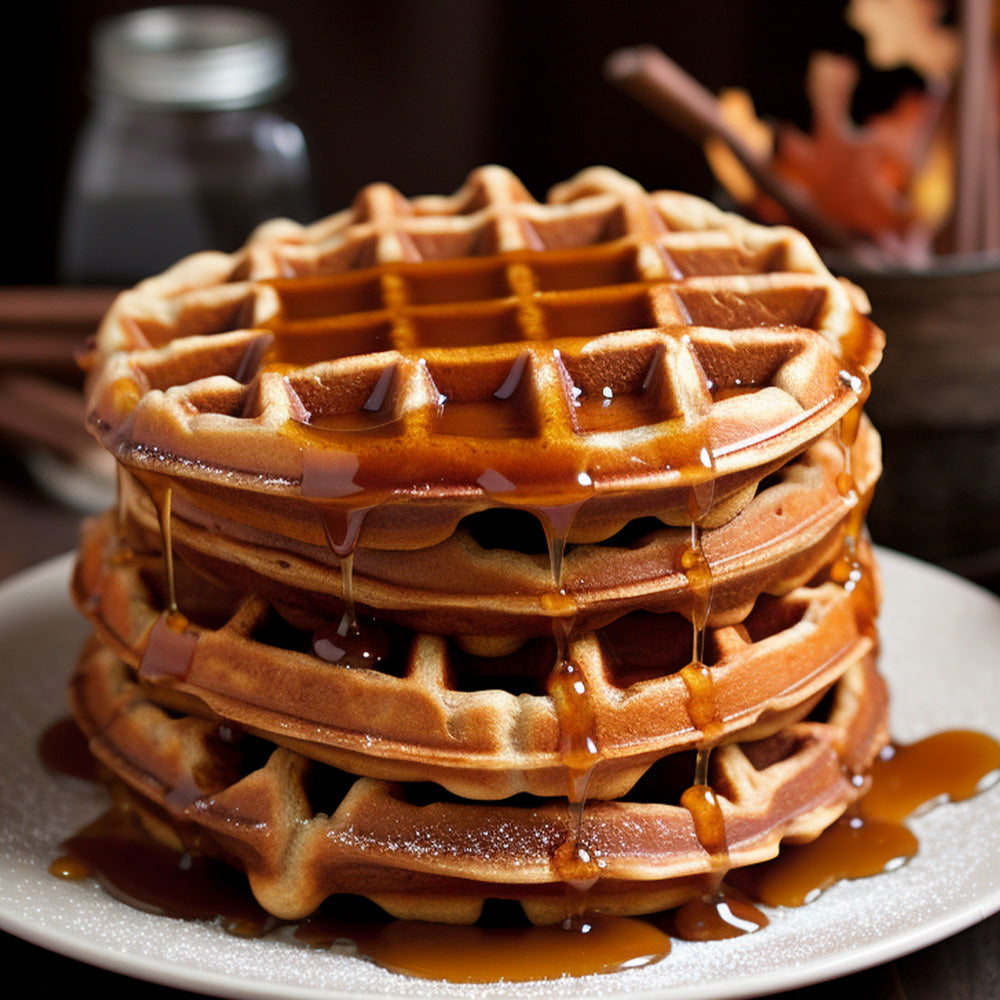 stack of waffles with syrup on a white plate