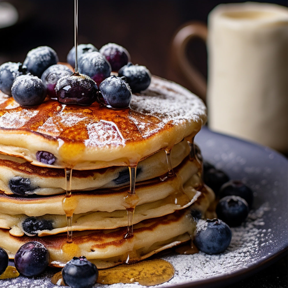 blueberry pancakes with blueberries and syrup