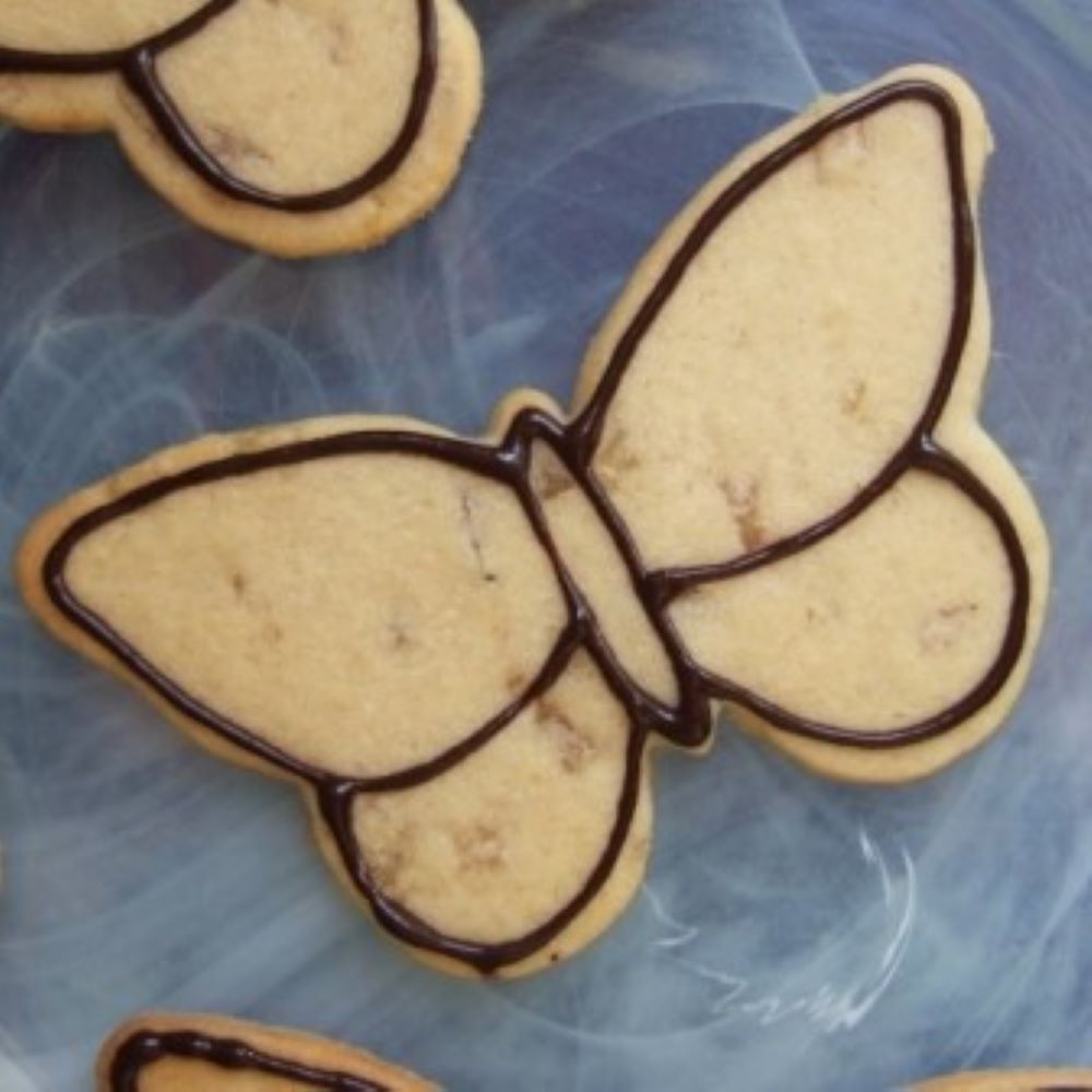 ginger cookie shaped like a butterfly with black detail icing