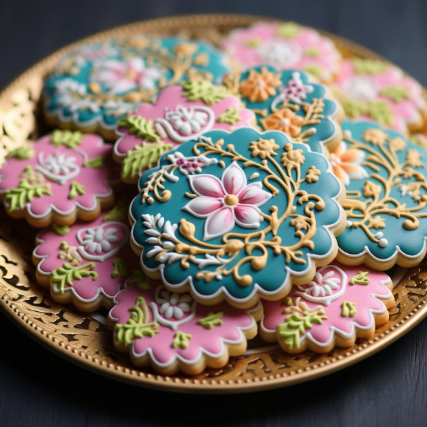beautifully decorated scalloped edge cookies on a plate