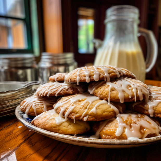 a bunch round cookies drizzled in a glaze piled on a plate in a country kitchen