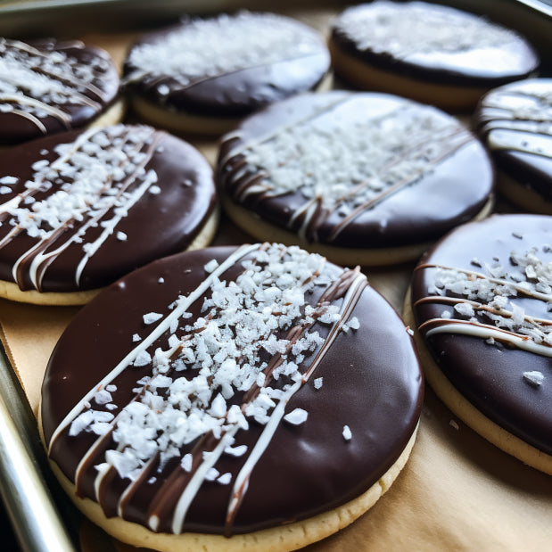 round cookies with darck chocolate ganache and white chocolate drizzle on parchment paper