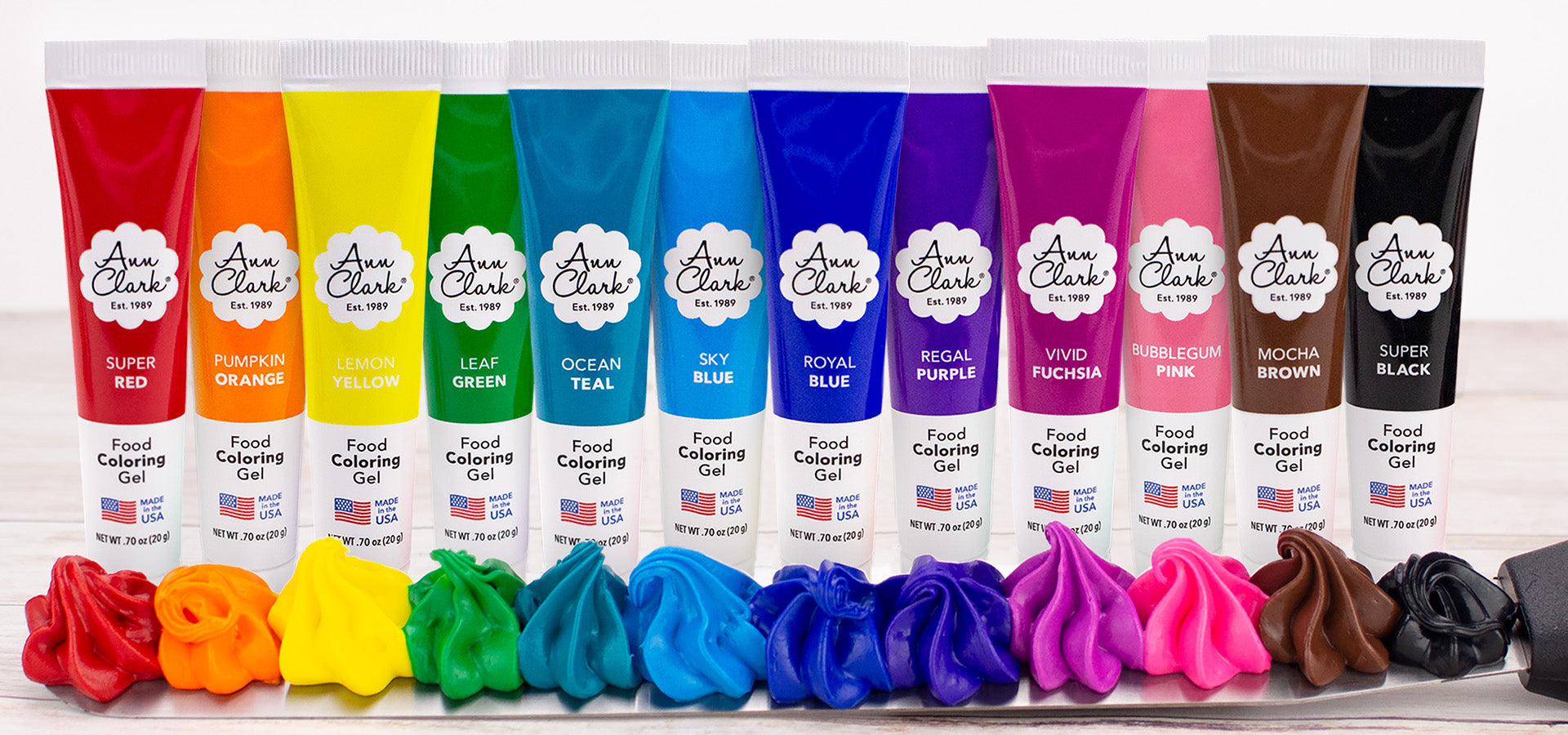 Lineup of Ann Clark Food Coloring Gels